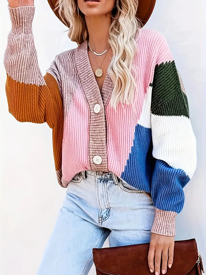 Dam Cardigan Färgblock V-Neck Mjuk Stickad Kvalitet-2