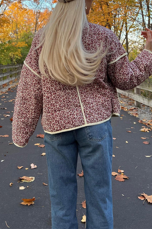 Dam Kappa Blommig Quiltad med Stativ-Upp Krage-3