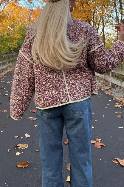 Dam Kappa Blommig Quiltad med Stativ-Upp Krage-3