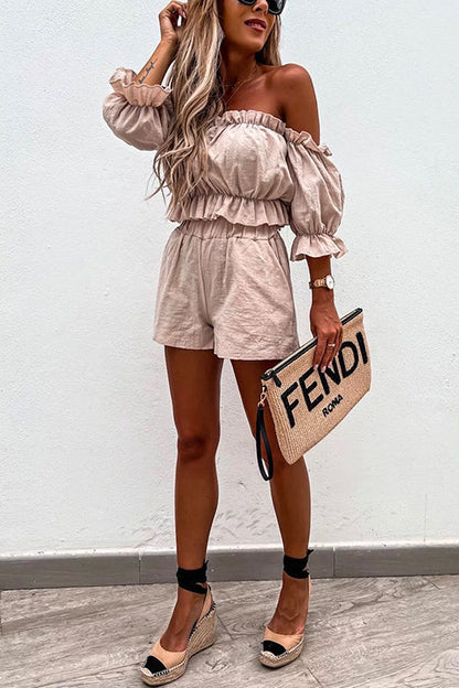 Dam Off-Shoulder Top och Shorts Set Elastisk Bomull-5