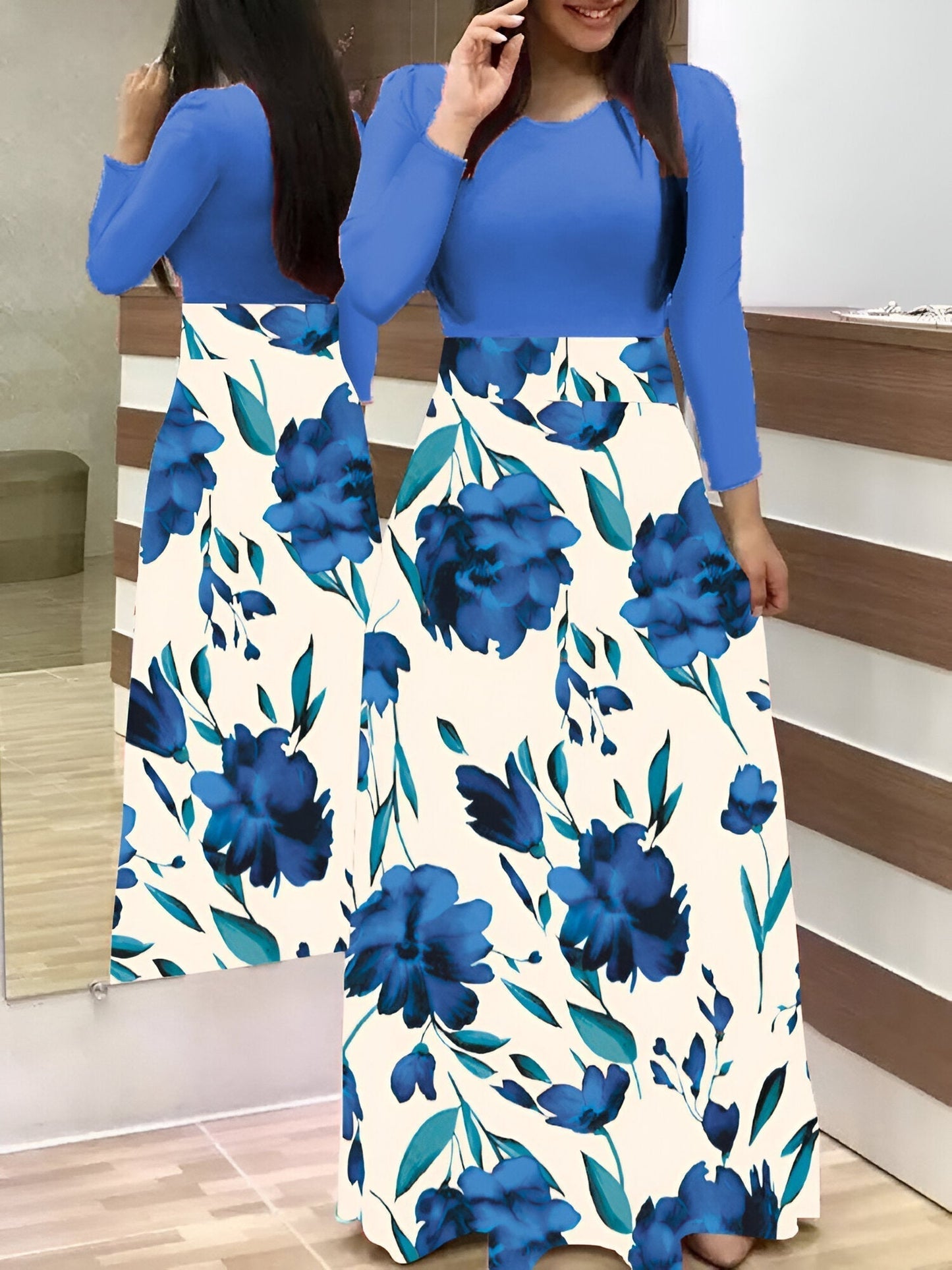 Damklänning Blommig Färgblock Polyester Lätt-3