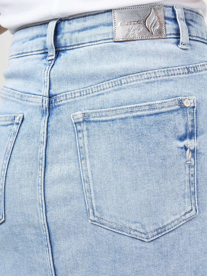 Kvinna Kjol Hög Midja Stretch Denim med Slits-4