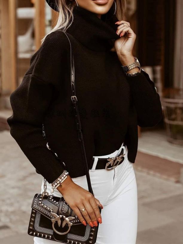 Stickad Dam Tröja Högkrage med Knappar i Mjuk Material-4