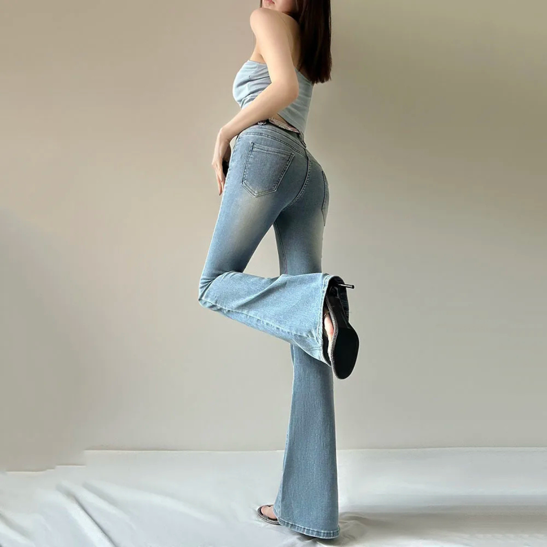 Dam Jeans Hög Midja Casual Schlagjeans i Mjuk Bomull-4