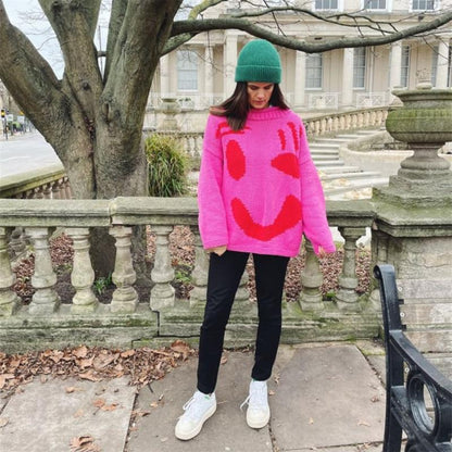 Dam Stickad Överdimensionerad Boho Tröja i Mjuk Material med Smiley-design-4