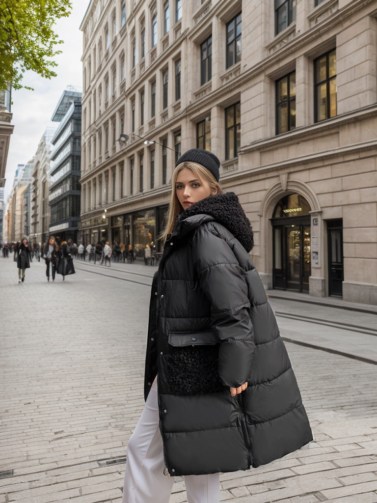 Damjacka Medel Längd Fluffigt Foder Polyester med Huva och Fickor-4