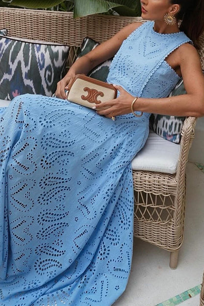 Maxi Klänning Dam Hög Midja med Svängkjol och Spetsdetaljer i Bomull och Polyester-4