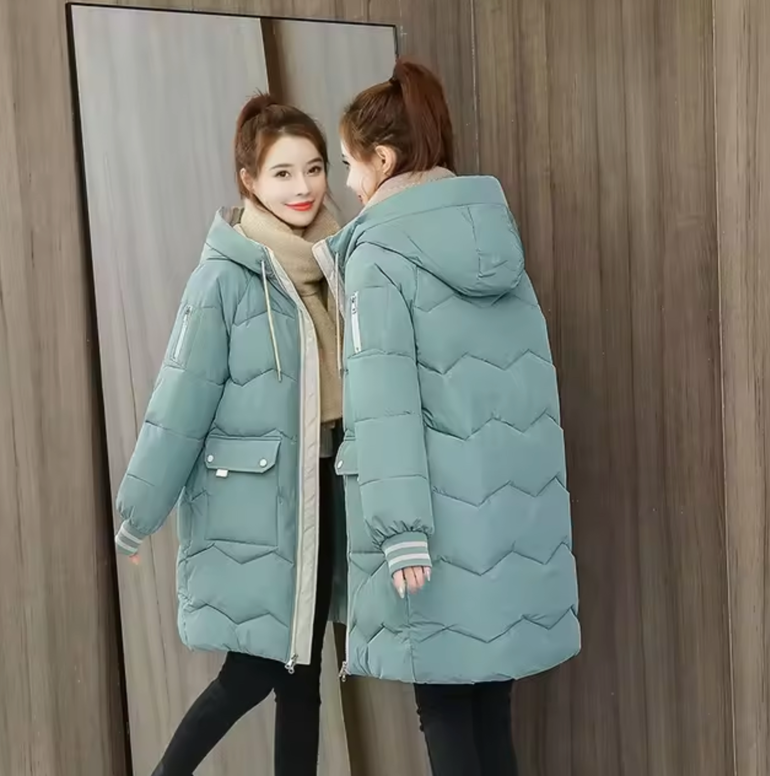 Dam Lång Parka Vinter Vindtät Bomull med Huva-4