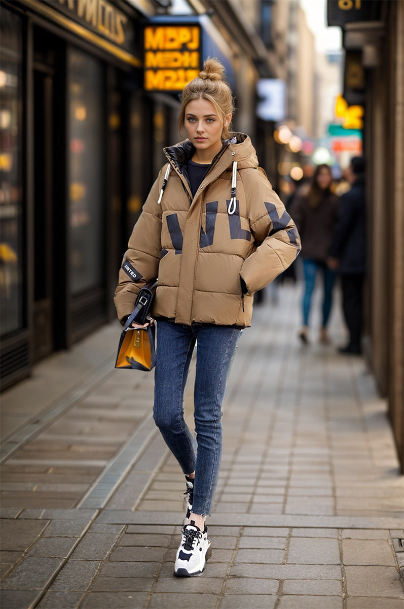 Dam Kort Bomullsjacka Tryckt Avslappnad Förtjockad-1