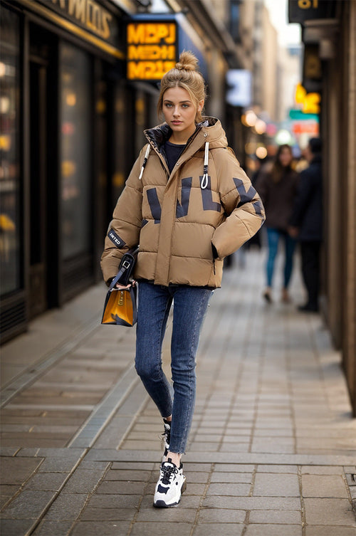 Dam Kort Bomullsjacka Tryckt Avslappnad Förtjockad-1