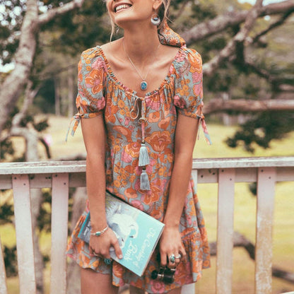 Damklänning Boho Blommönster Knytning Viscosa-3