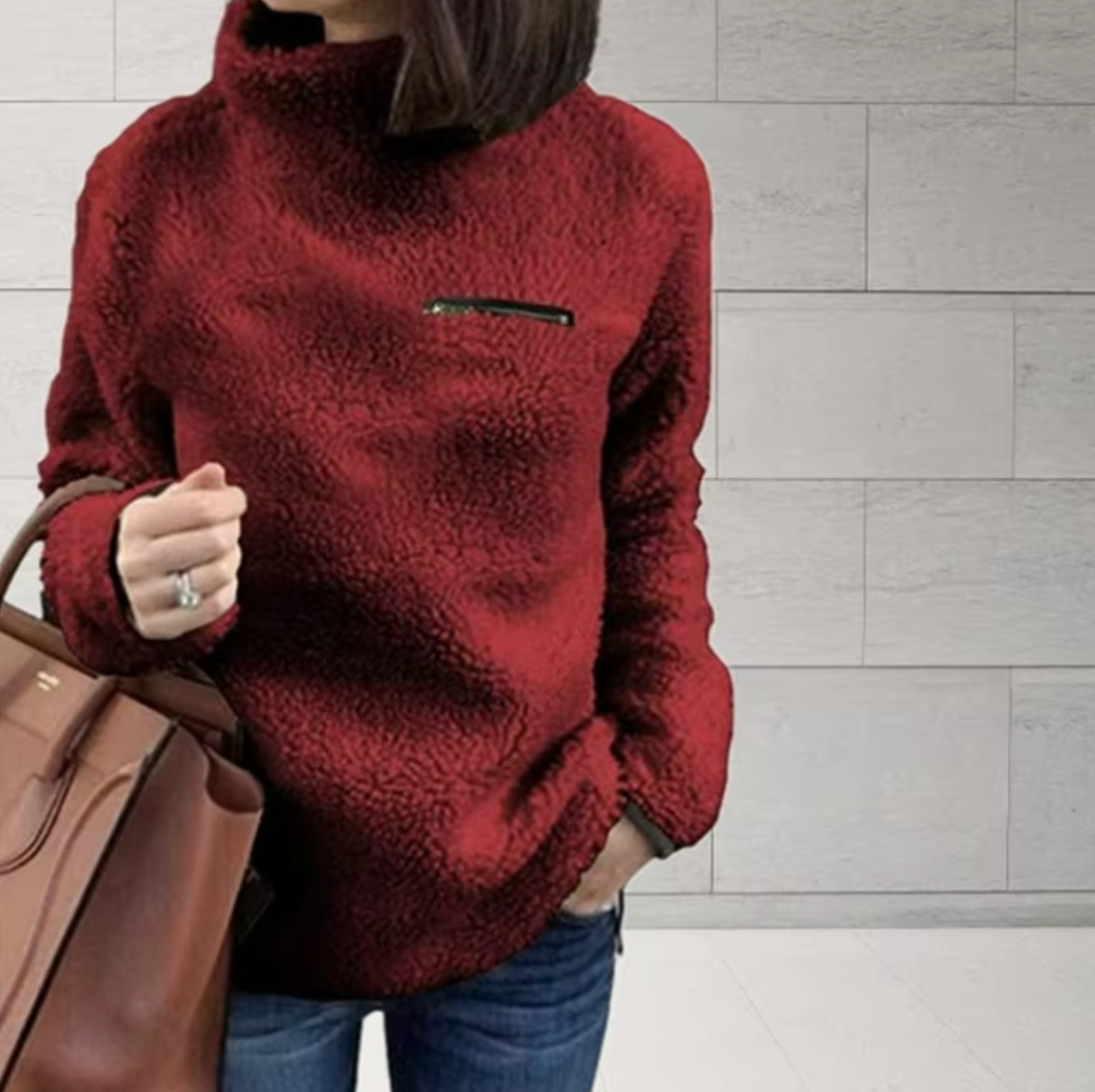 Dam Turtleneck Tröja Mjuk Plysch Figurnära Design med Dragkedja-4