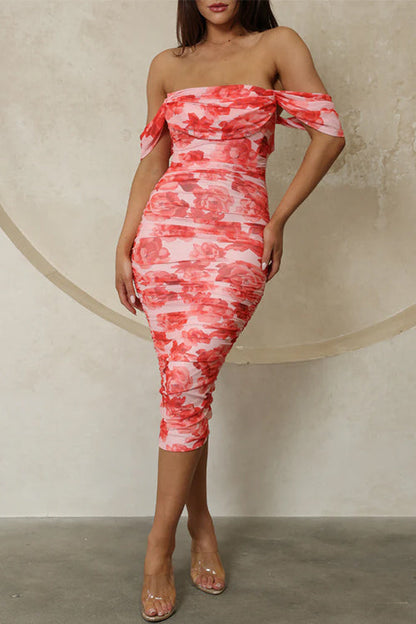 Kvinnors Midi Klänning Nätöverlägg Bomull Polyester-4