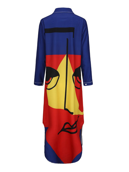 Damklänning Lång Ärmskjorta Midi Polyester med Krage och Mönster-4