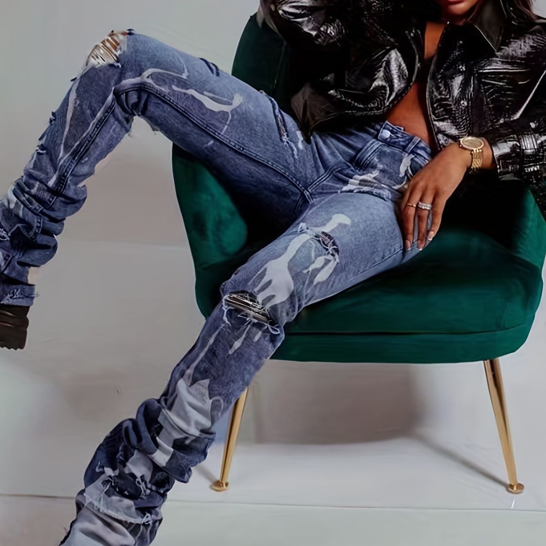 Dam Jeans Hög Midja Sliten Denim Snäv Passform-4