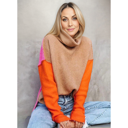 Stickad Dam Turtleneck Tröja med Färgblockdesign – Mjuk Vintertröja för Kalla Dagar, Finns i Flera Storlekar 1