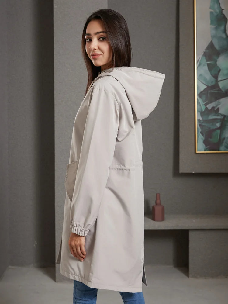 Dam Trenchcoat Vattenavvisande Klassisk Stil Långt Tyg-3