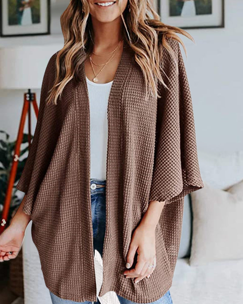 Ribbad Cardigan Dam med 3/4 Ärmar i Polyester – Elegant och Bekväm för Vardagsbruk 11