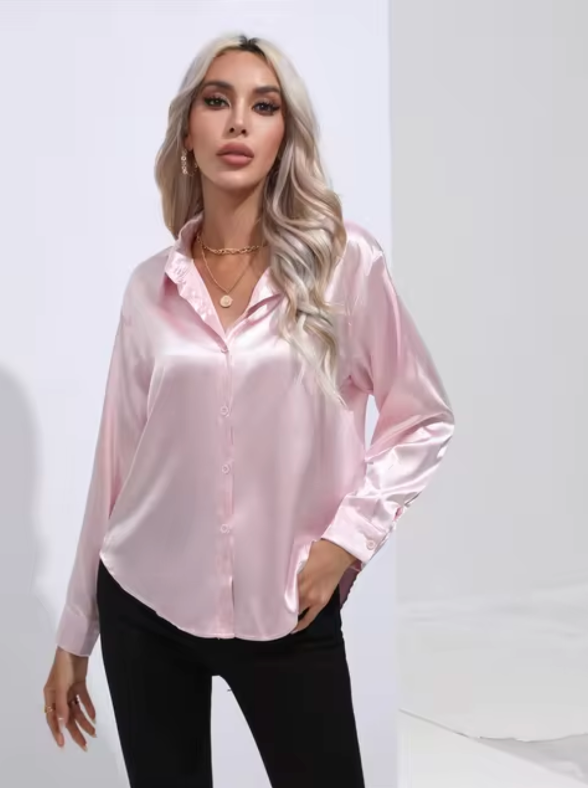 Dam Blus Långärmad Satin Elegant V-Ringning-4
