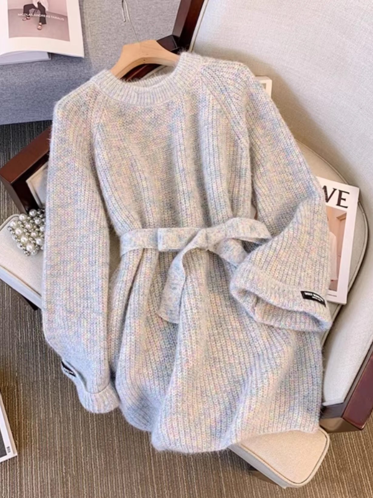 Stickad Dam Tröja Oversized Ribbstickad Mjuk Material med Bälte-2