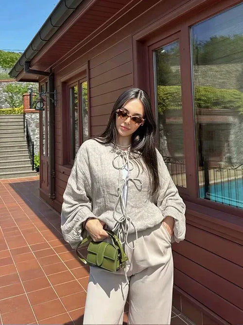 Dam Tröja med Snörning Mjuk Tyg Elegant Design-1