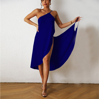 Dam Sommarklänning Med Överlappning Lätt Tyg Asymmetrisk Design 6