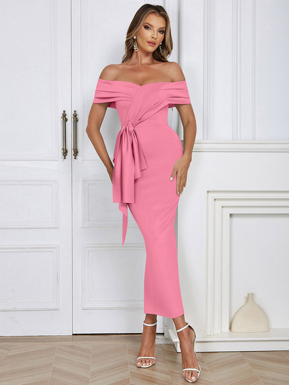 Dam Midiklänning Utan Axel med Ruffles i Polyester - Perfekt för Bröllop och Fest-5