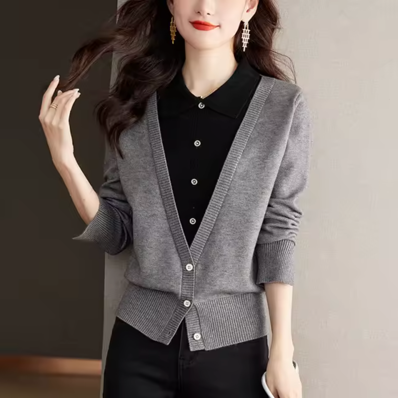 Variant image for Dam Topp med Krage Mjuk Stickad Fiber Lång Ärme-13