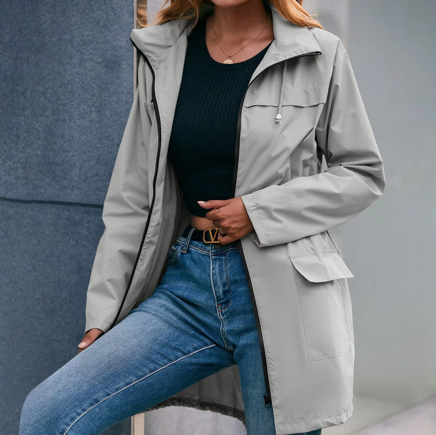Damjacka Casual Halvlång med Huva Polyester för Utomhusaktiviteter-2