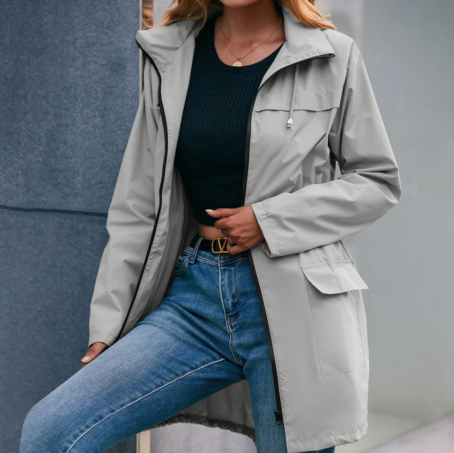 Damjacka Casual Halvlång med Huva Polyester för Utomhusaktiviteter-2