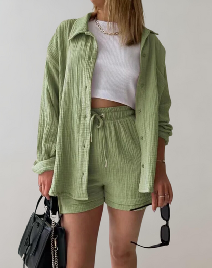 Dam Nattkläder Set med Krage och Shorts i Gasväv-3