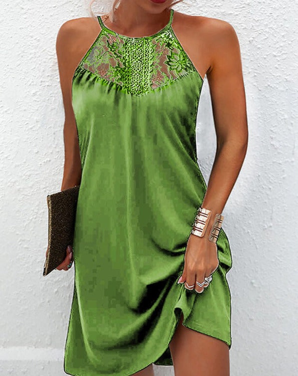 Ärmlös Klänning för Kvinna med Spetsdetaljer – Lätt och Luftigt Tyg, Knälång, 100% Polyester 3