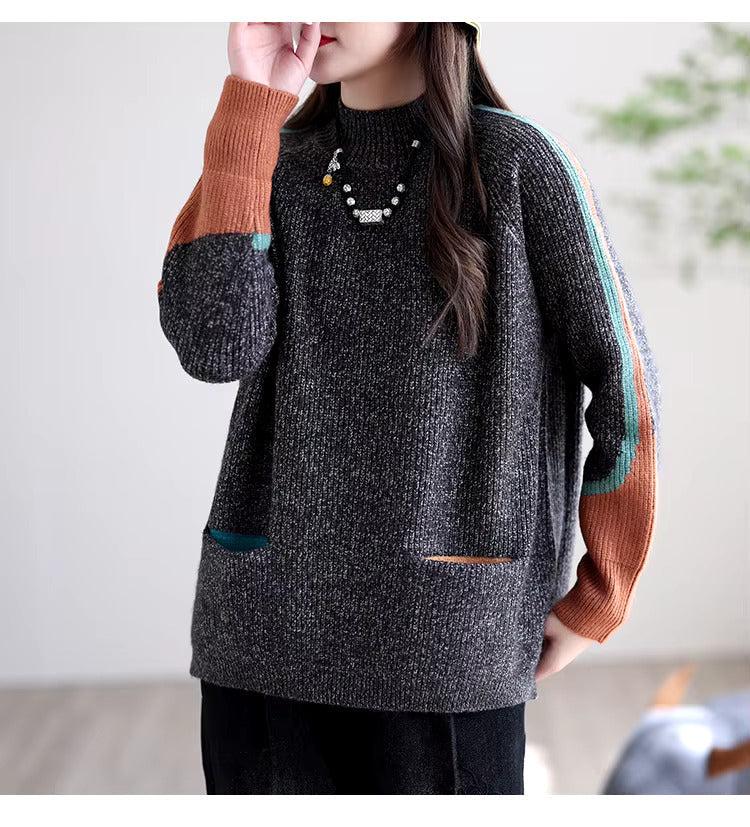 Dam Tröja Överdimensionerad Mjuk Tygblandning med Fickor-4