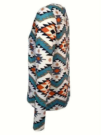 Dam Långärmad T-Shirt Geometriskt Tryck Bomull-4