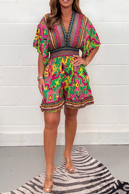 Damklänning V-ringad Hög Midja Bred Ben Bomull och Polyester-4