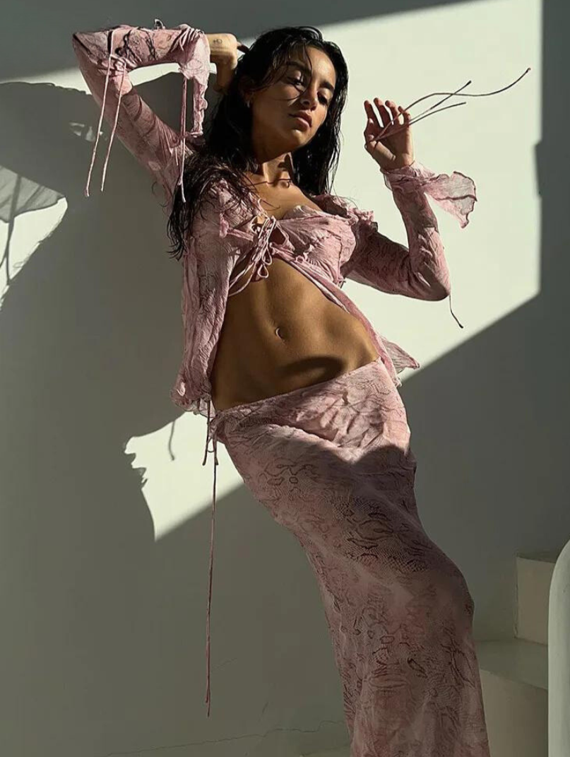 Dam Set Strandkjol Långärmad Topp Lätt Material-4