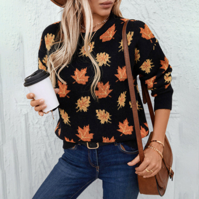 Kvinnors Tröja Höstbladmönster Mjuk Material-4