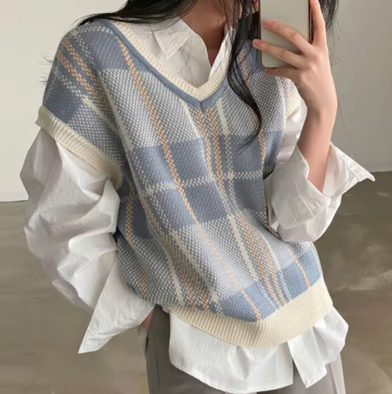 Variant image for Dam Stickad Väst V-ringning Mjuk med Diamantmönster-5