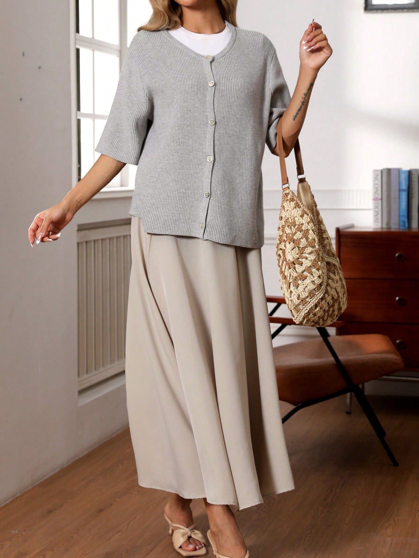 Dam Kardigan Enkel Viskos Knappad-2