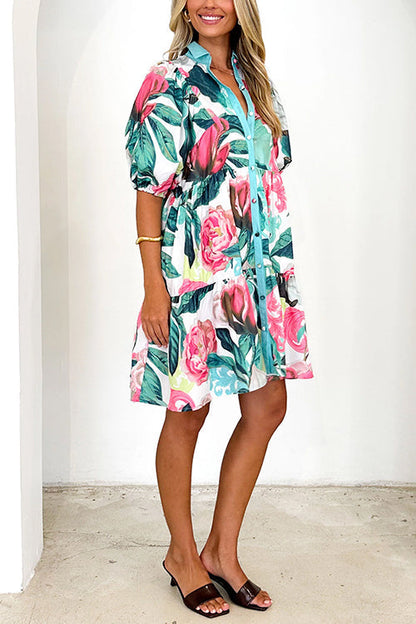 Kvinna Mini Klänning Blommönster Rüschchen Bomull Polyester-4