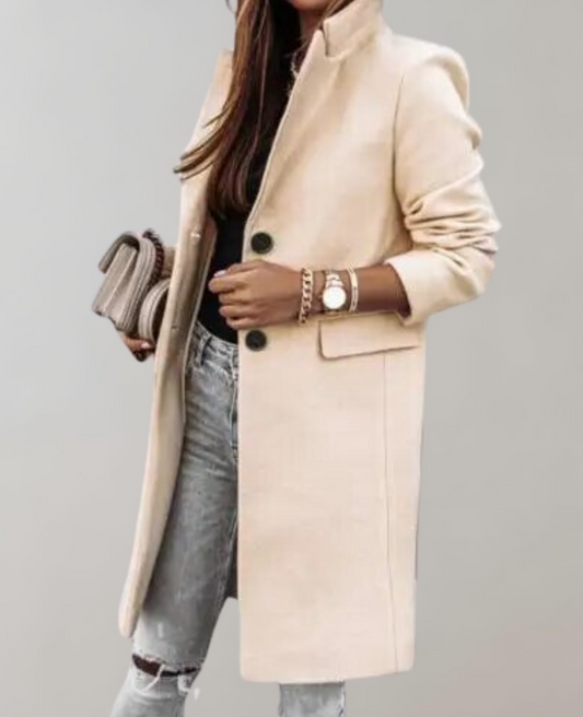 Dam Lång Kappa med Revers Högkvalitativ Blandning Vinterkappa-1