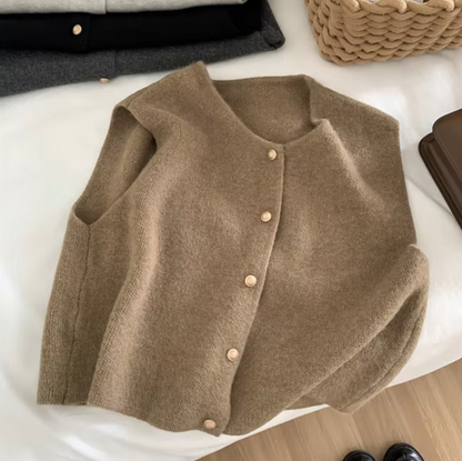 Dam Stickad Väst med Knappdesign Ärmlös Tidlös Stil-5