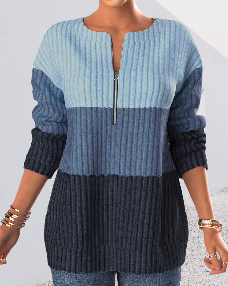 Dam Randig Stickad Tröja med Blixtlås i Mjuk Akryl-5