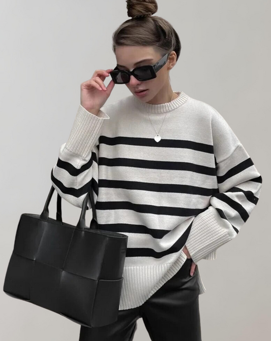 Dam Stickad Tröja Överdimensionerad Randig Tjockt Material-1