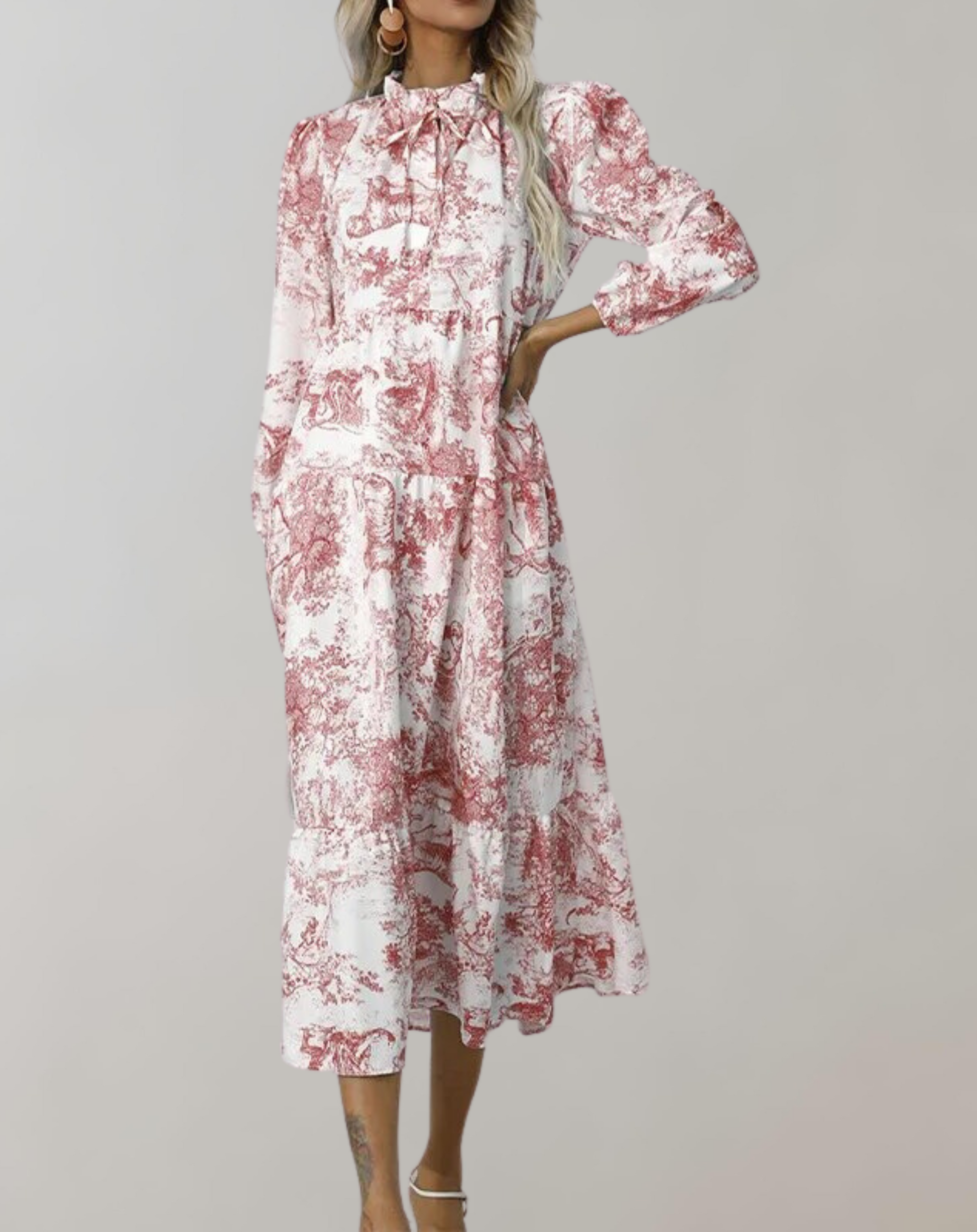 Kvinnlig Midi Klänning Blommönster Polyester Långa Ärmar-4