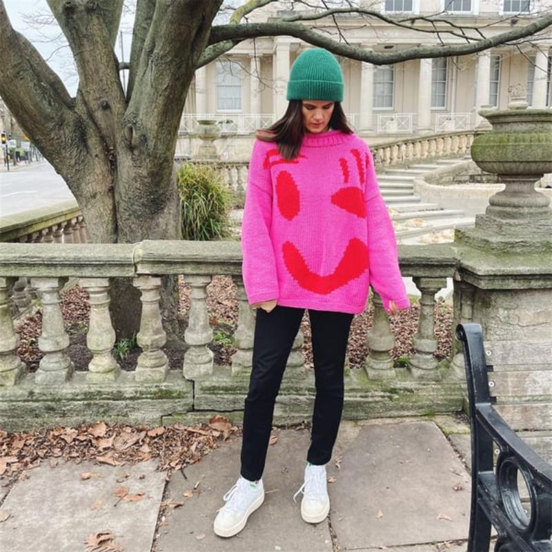 Variant image for Dam Stickad Överdimensionerad Boho Tröja i Mjuk Material med Smiley-design-6