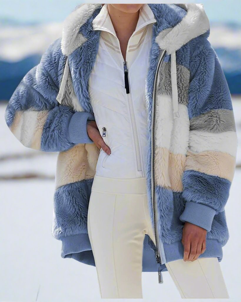 Damjacka Plysch Avslappnad Passform Polyester-Ullblandning med Huva och Lapptäcksdesign-6