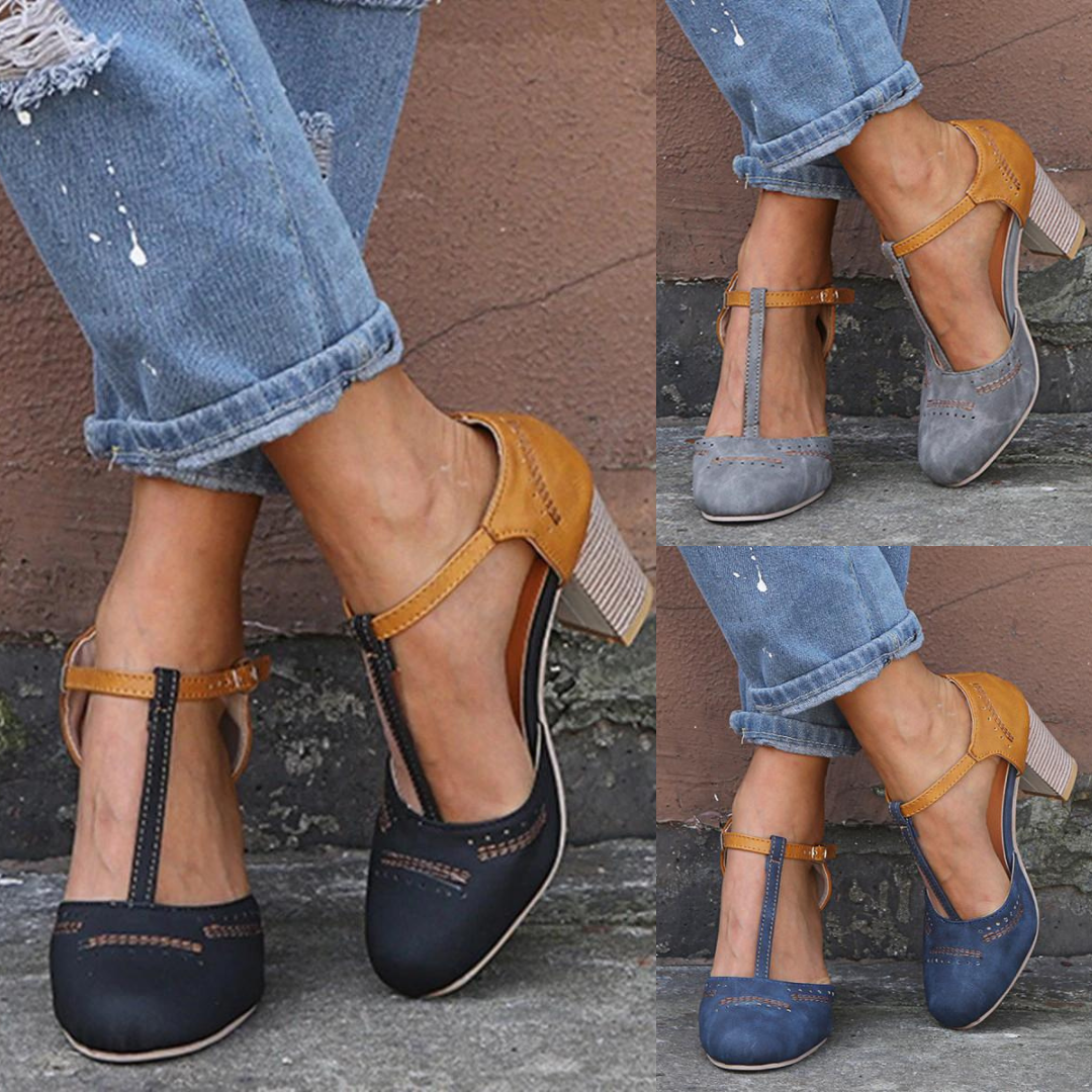 Dam Högklackade Skor T-Remmar Rund Tå Syntetiskt Läder-6