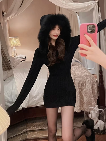 Kvinnors Stickad Klänning med Huva Mjuk Kvalitet-6