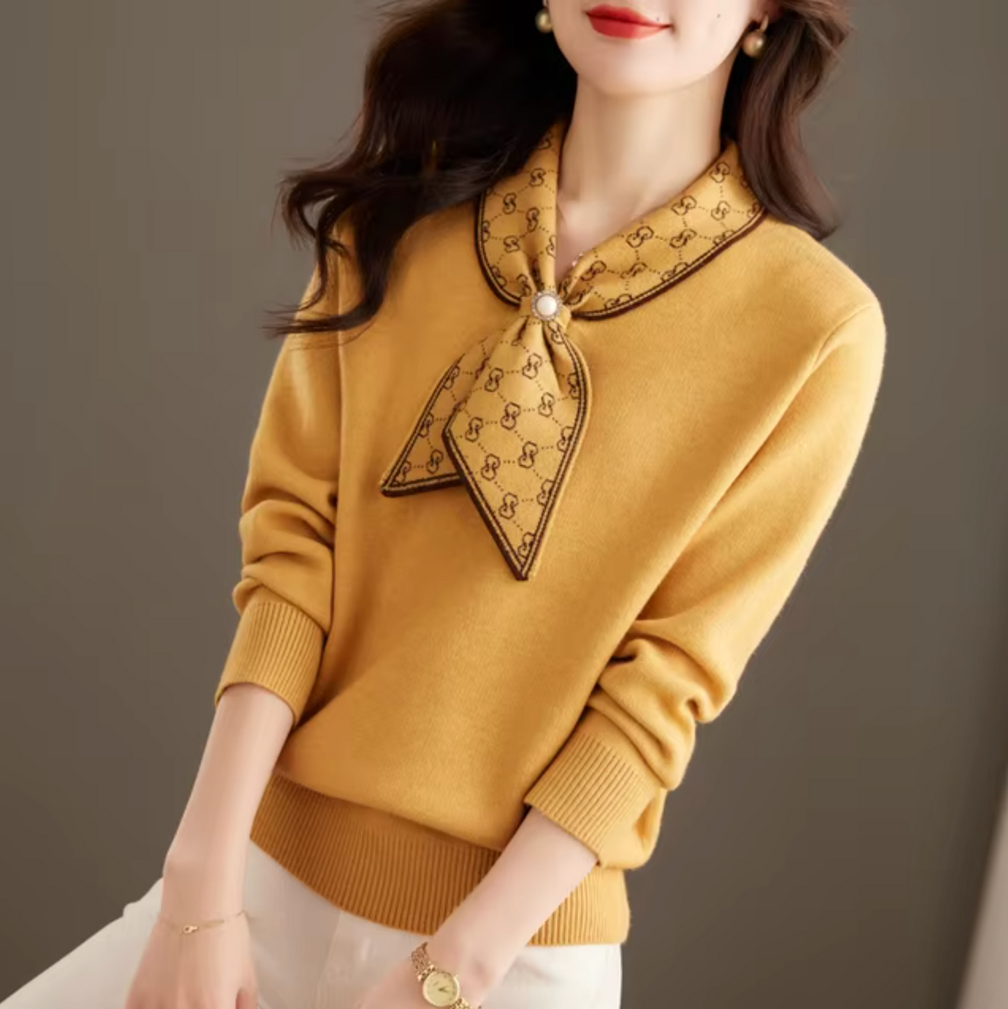 Dam Stickad Tröja Avslappnad Stil Mjuk Värmande Tyg-3